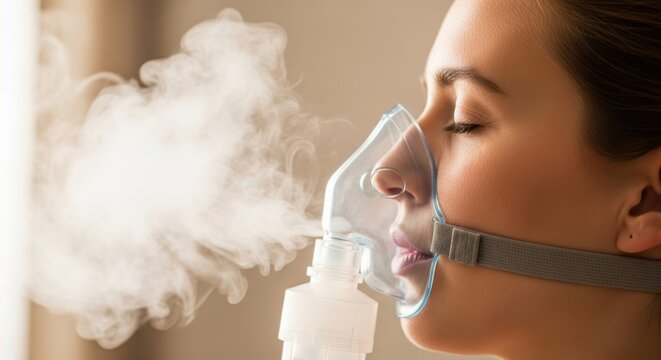 young woman using a nebulizer for respiratory treatment with steam