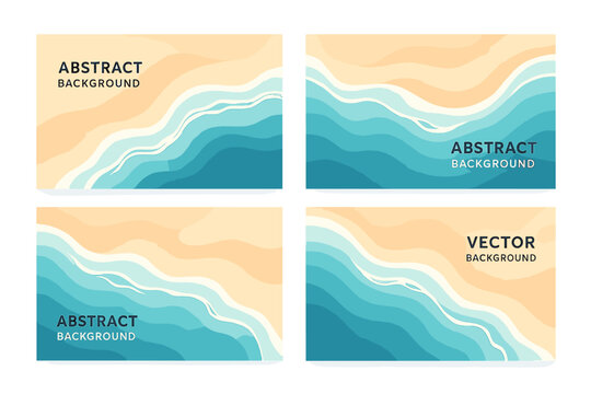 Abstract aerial view poster backgrounds with layered sandy beach and ocean waves. Modern sea coastal travel banner, summer vacation vector art, beach party invitation template, geometric wave design