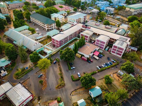 Barau Dikko Hospital, Nigeria - 15 March 2025: Aerial view of Barau Dikko Hospital, where buildings stand tall amidst the lush greenery, creating a vibrant contrast.