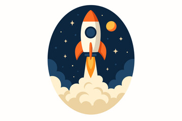 Vector illustration of space rocket launch, cartoon spaceship ascending in night sky, flat design oval emblem, modern futuristic space travel, cosmic adventure concept, colorful logo on white