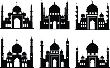 Islamic mosque silhouettes set, Muslim architecture icons, crescent dome vector, religious building 
