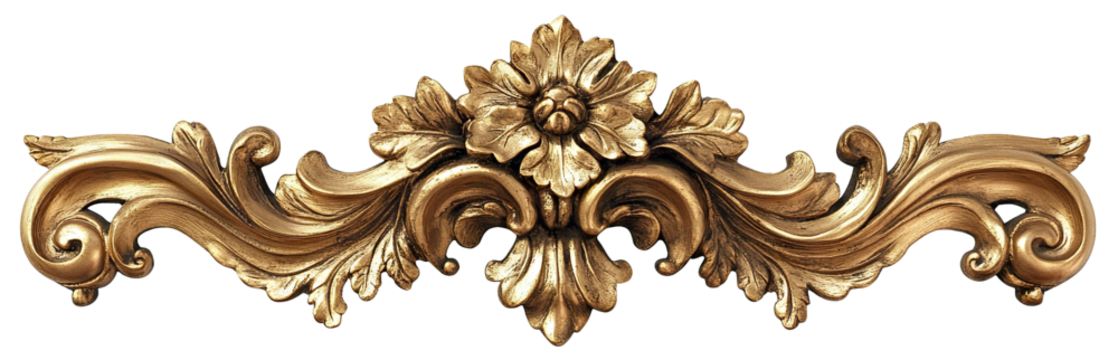 Golden vintage floral ornament with baroque scrolls, isolated on transparent cutout background