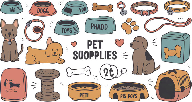 Illustration of various pet supplies including dogs bowls collars and other dog related items