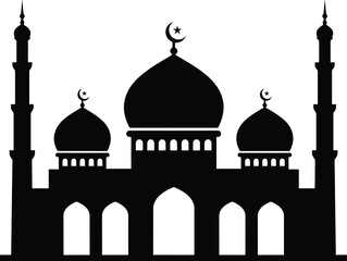 Islamic mosque vector illustration with domes, minarets, crescent moons, black silhouette design, religious architecture for spiritual and cultural themes