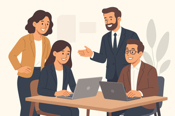 Teamwork and Collaboration Concept – Diverse Business Professionals in Modern Office Engaged in Discussion, Project Planning, and Laptop Work, Corporate Workplace Meeting Strategy