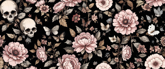 Vintage floral seamless wallpaper with skulls, peonies, butterflies. Dark botanical background. Repeating pattern for design of fabric, paper, wallpaper, canvas. Hand drawn 3d illustration