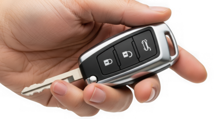 Close up of a modern car key held in a hand, featuring remote control, lock, and unlock buttons for accessing the vehicle isolated on transparent background