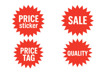 Red Starburst Price Sticker and Sale Badge Set, Retro Sunburst Style, Vector Isolated Icons for Discounts, Promotions, Quality Tag, Price Tag Label, Special Offer, Transparent Background