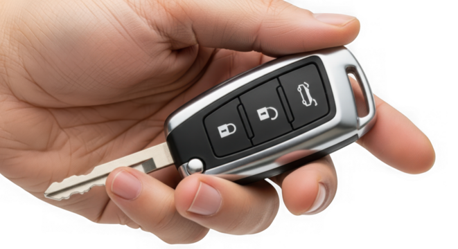Close up of a modern car key held in a hand, featuring remote control, lock, and unlock buttons for accessing the vehicle isolated on transparent background