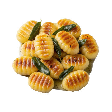 Pan-seared Italian potato gnocchi, golden brown crispy exterior, soft interior, rich glossy sage butter sauce with vibrant leaves, isolated on transparent, appetizing perfection