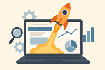 Startup launch concept, rocket blasting out of laptop, growth analytics, business strategy, marketing success, innovation, productivity, gear magnifier, vector cartoon illustration