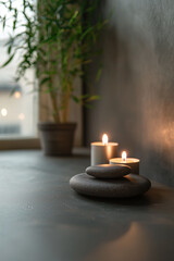 Calming dark natural background with candles for relaxation and self-care rituals, space for text