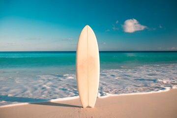 Surfboard standing on a tropical beach with turquoise water
