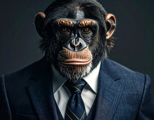 Chimpanzee head on human body in suit