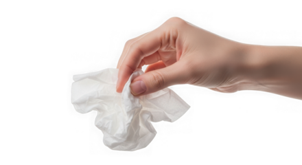 Close up of a hand holding a crumpled white tissue on a transparent background in studio shot