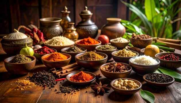 Asian Condiments in Wooden Bowls