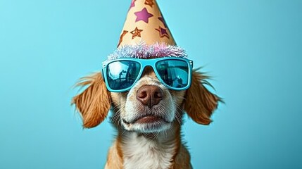 Cute puppy wearing a colorful party hat and stylish sunglasses, celebrating a joyful occasion.