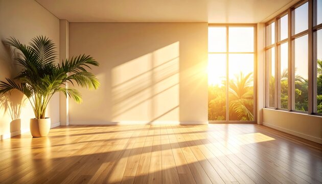 Modern, empty apartment interior with a parquet floor, light streaming in through a large window, and an open design concept