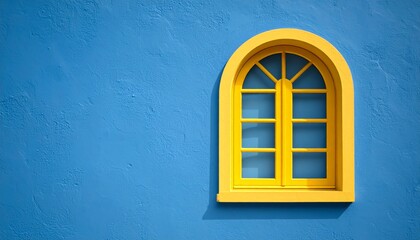 A blue brick building facade with vintage yellow windows and wooden frames