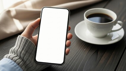 A person hands holding a smartphone with a blank screen, with a cup of coffee on the side.