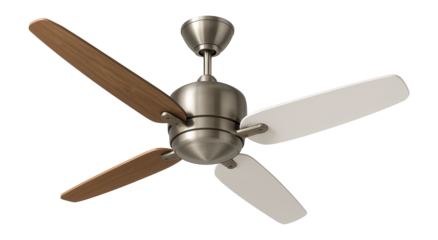 Modern ceiling fan with brushed metal finish and four alternating wood and white blades on transparent background.