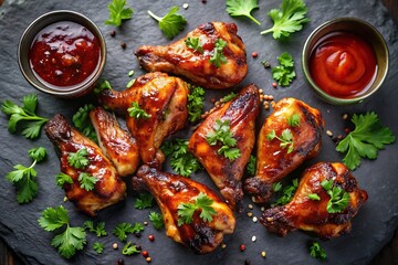Deliciously glazed chicken drumsticks with ketchup and fresh herbs on a dark surface
