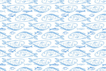 Seafood texture pattern. Vector pattern in the style of doodles of Fish. Background for the menu fish food, sea products. Vector illustration