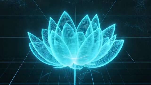 Holographic lotus flower on a gridded background