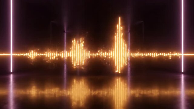 Futuristic Music Visualizer with Bright Orange Sound Wave Spectrum and Elegant Purple Light Bars on a Reflective Dark Floor Ideal for Energetic Digital Content - Powered by Adobe