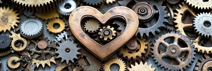Intricate Heart Shape Created from Vintage Gears and Mechanisms, Showcasing Engineering Design, Art