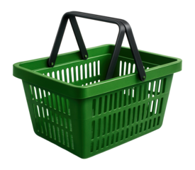 Green plastic shopping basket with black handles on transparent background.