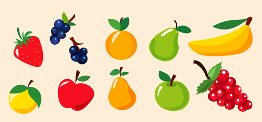 A vibrant collection of various fruits and berries is displayed, featuring strawberries, bananas, grapes, and more, all designed as a fun and colorful vector illustration