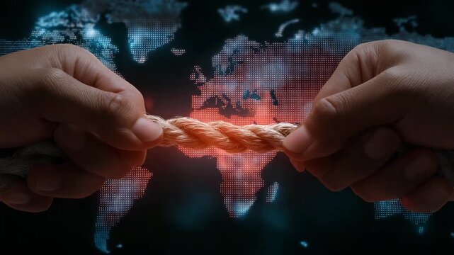 Hands stretching a thin rope with India and China flags on each side, border map overlay with glowing navy red contrast, muted dark cinematic style