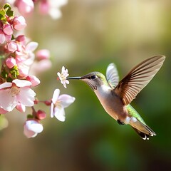 Fototapeta premium Elegant Jewel Winged Hummingbird Sipping Sweet Nectar from Blooming Cherry Blossom Flowers in Spring