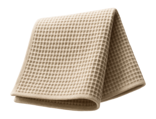 Light brown waffle-textured foldable cotton towel displayed neatly, ideal for kitchen or bath use on transparent background.