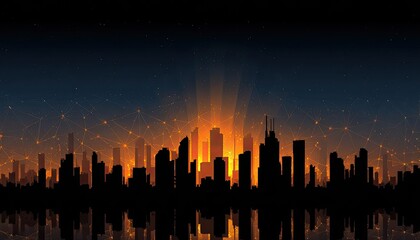 Night city skyline, glowing orange network