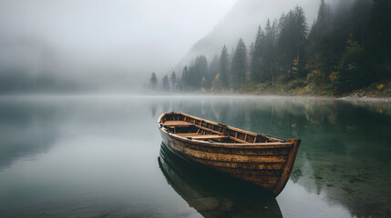 **A rustic wooden boat on a calm lake surrounded by mist