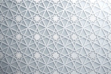 Intricate white geometric islamic pattern with star motifs and subtle lighting