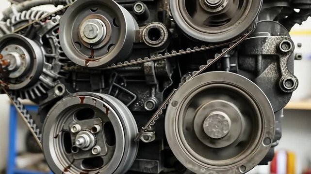 Detailed Close-up of a Car Engine's Belts and Pulleys with Oil Drips