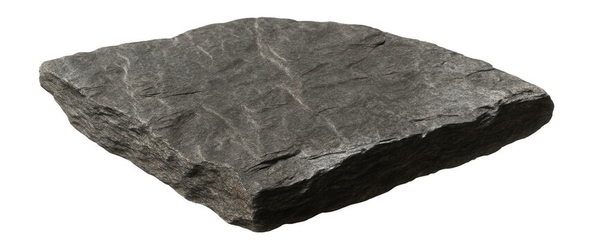 Square slab of rough dark stone, resembling flat rock or paving stone, isolated on transparent background.