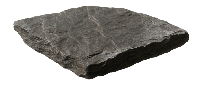 Square slab of rough dark stone, resembling flat rock or paving stone, isolated on transparent background.