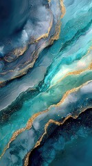 Abstract art, flowing teal and gray, gold flecks