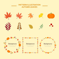 가을 낙엽과 패턴 일러스트 디자인 세트. 낙엽을 이용한 배경 프레임 일러스트 디자인. 벡터 일러스트.