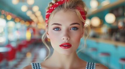 Young Caucasian woman with blonde hair and red lipstick, wearing a polka dot headband, stands in a retro diner with colorful decor and soft lighting.