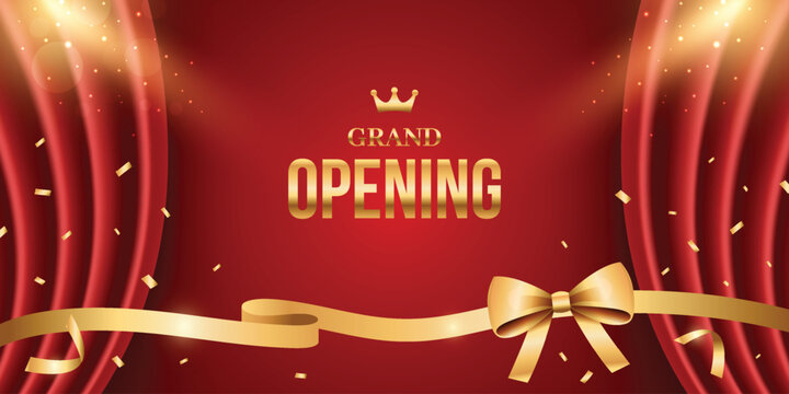Red grand opening background with ribbon and curtain. Modern elegant promotional media design.