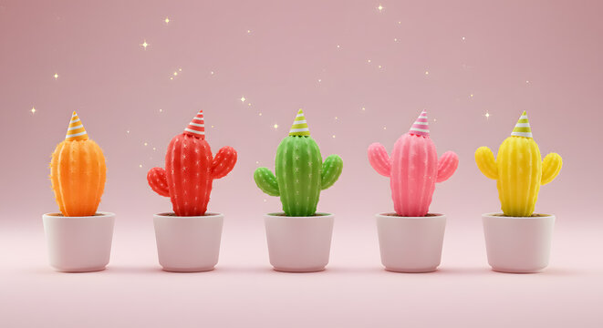 Five colorful cacti with party hats celebrate in festive pastel setting