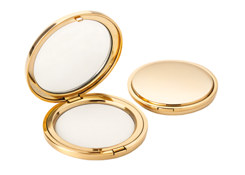Golden oval compact mirror open and closed isolated on a transparent background image - Powered by Adobe