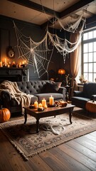 Dark, moody living room decorated for Halloween with cobwebs, candles, and pumpkins