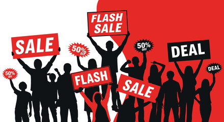 Obraz premium Excited crowd of people holding signs advertising flash sales, discounts, and deals, celebrating shopping.