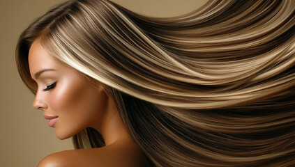 Naklejka premium Close-up of Woman's Head with Highlighted Brown Hair and Soft Lighting female beauty